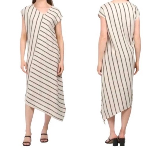 Tahari Dresses & Skirts - Tahari‎ Asymmetrical Stripe Midi Dress Women's Medium Linen Blend V Neck